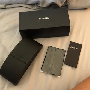 Prada sunglass case with box and cleaning towel.
